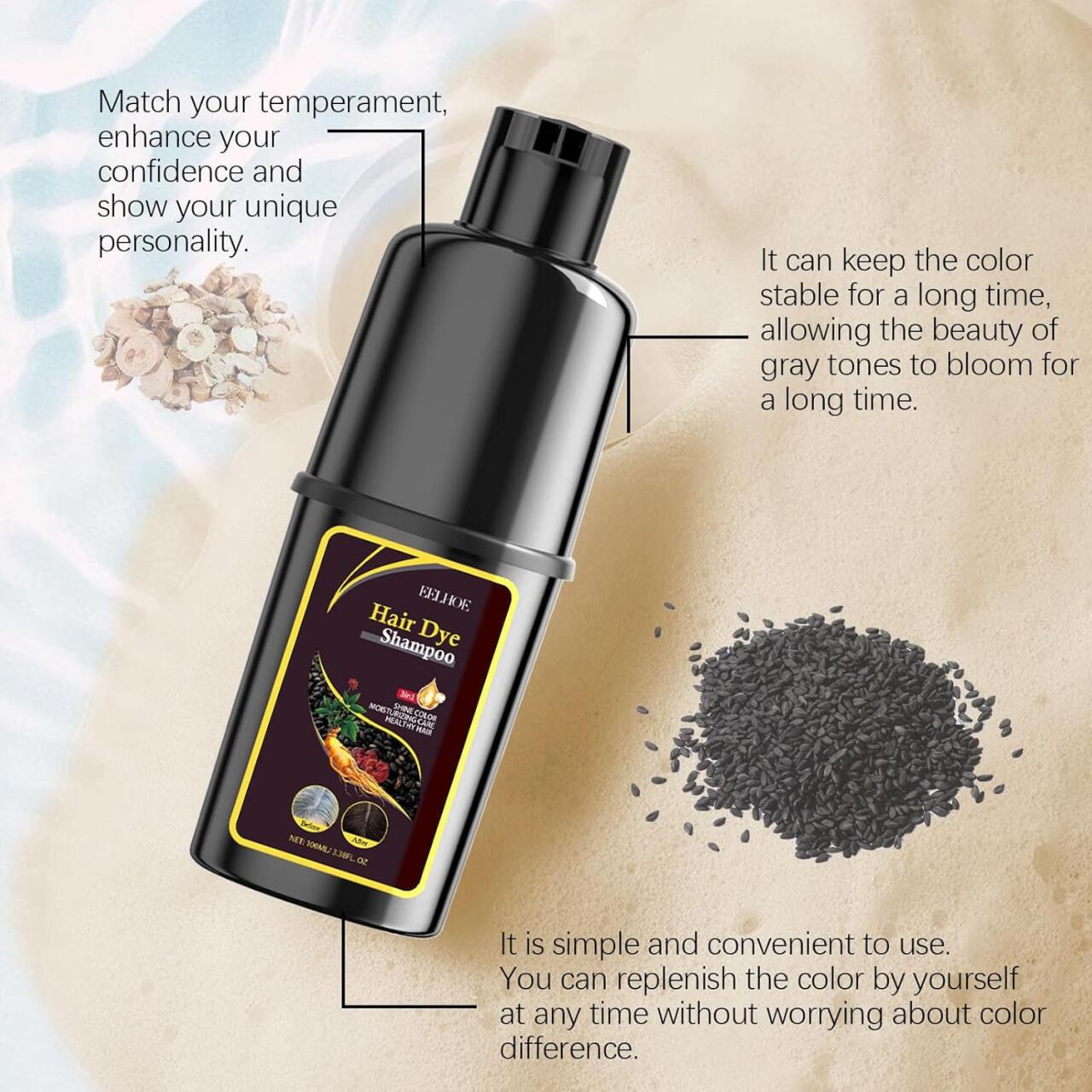 EELHOE BlackGlow 3 en 1 – Champú Tinte Nutritivo